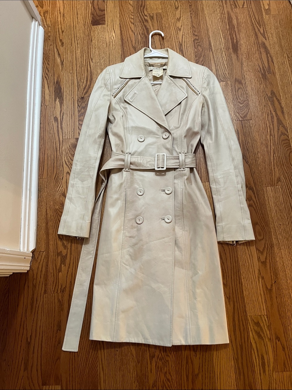 Vintage Versace Mainline F/W 2003 Cream Leather Trench Coat IT 38/US XS